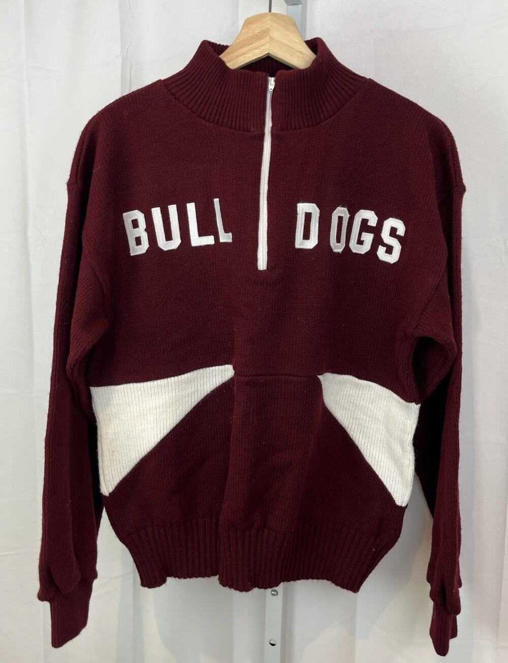 BRISTOL 38 M Vintage Official Award Sweater Prep Bulldogs Zip Neck Maroon White